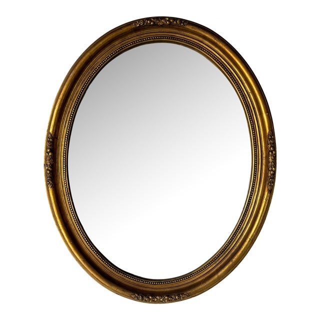 Vintage Hollywood Regency French - Style Gold Wood Oval Wall Mirror For Sale