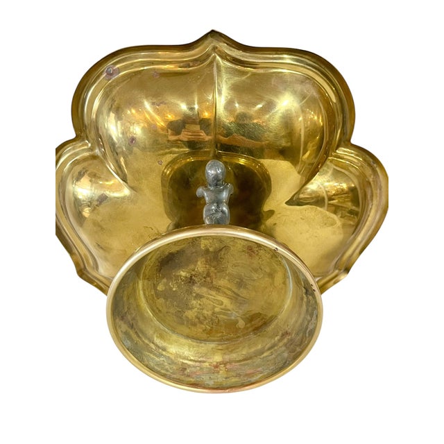 Vintage Hollywood Regency Quatrefoil Shape Brass Bowl With Cupid or Putti Base For Sale - Image 4 of 12