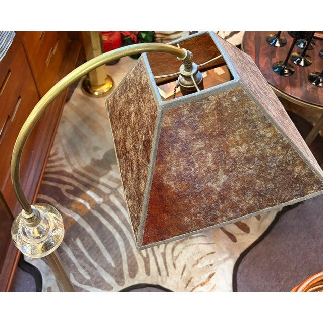 Antique Arts and Crafts Brass Bridge Floor Lamp With an Amber Tone Mica Shade For Sale - Image 4 of 9
