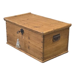 Antique German Natural Pine Storage Trunk With Original Iron Key For Sale