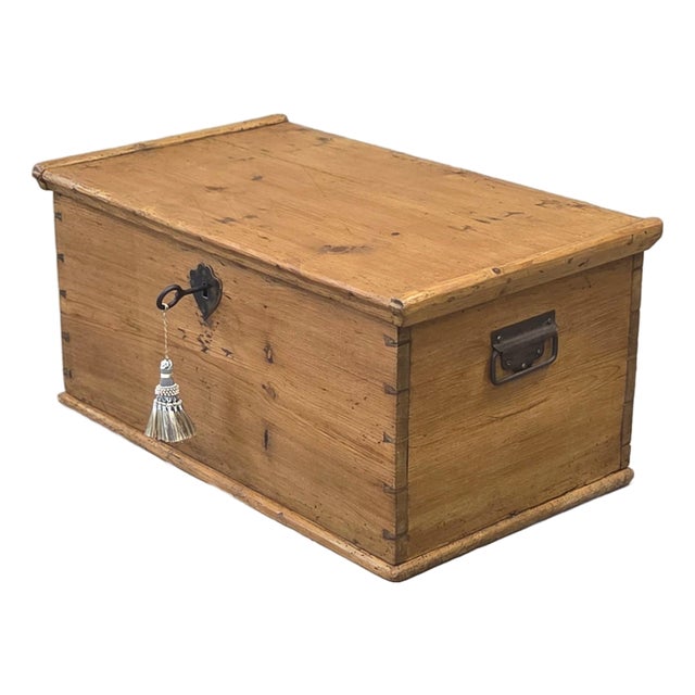 Antique German Natural Pine Storage Trunk With Original Iron Key For Sale
