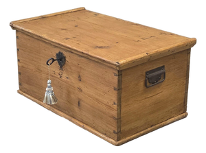 Antique German Natural Pine Storage Trunk With Original Iron Key