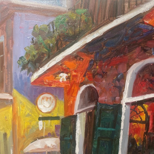 Vintage Mid-Century Signed Expressionist Architectural Courtyard Oil Painting – Heavy Impasto Large Street Scene For Sale - Image 9 of 12