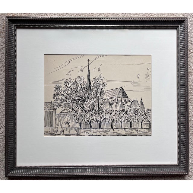 1950s Custom Framed Ink Sketch-France, 1953-Signed For Sale - Image 5 of 5