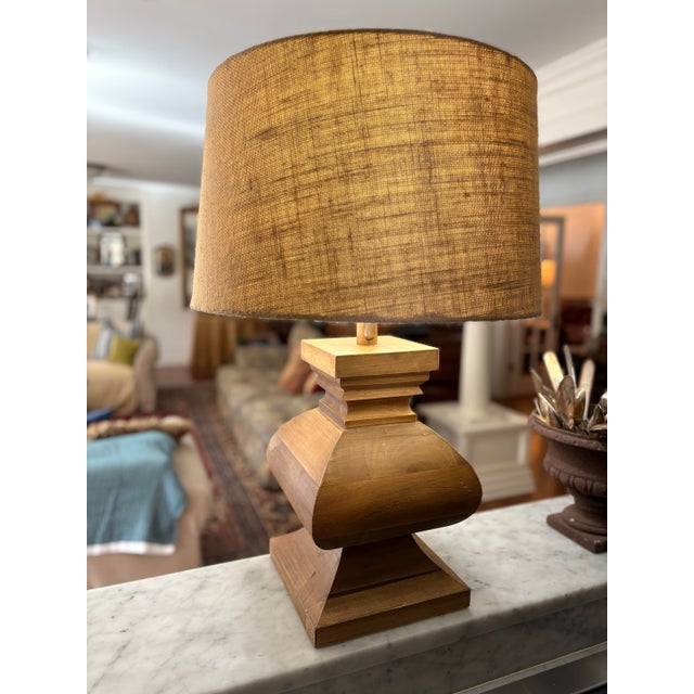 Camel Chunky Wooden French Baluster Style Table Lamp With Burlap Drum Shade for Coastal, Rustic Farmhouse, Rustic European, Lodge & Ranch Decor For Sale - Image 8 of 9