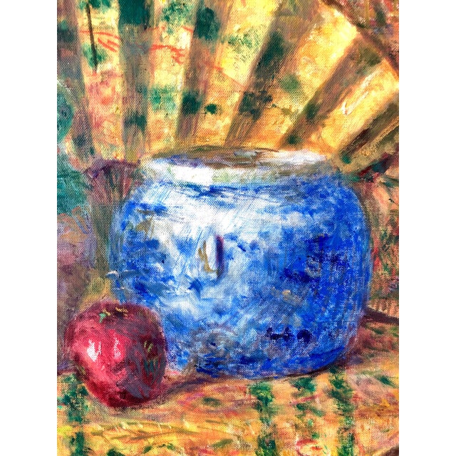 Blue Yoshio Aoyama, Japanese Fauvist Colorful Oil Painting Chinese Ceramic Jars with Fan and Apple, 1981 For Sale - Image 8 of 10
