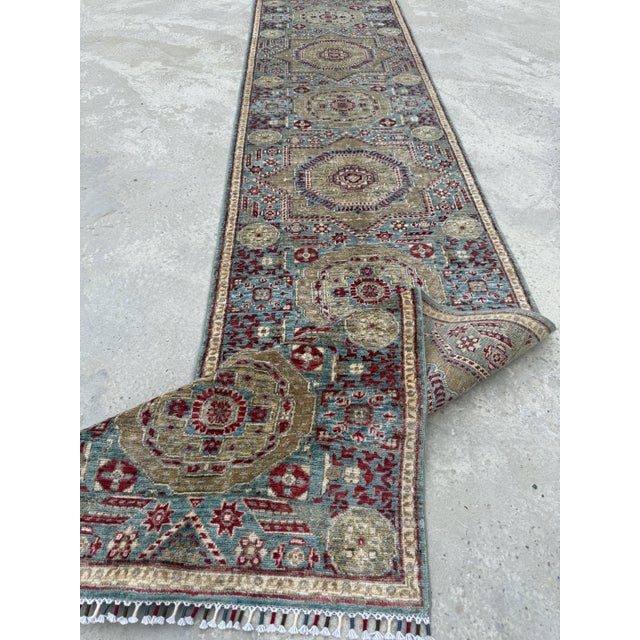 Mamluk Runner Rug, Hand-Knotted Wool, Medallion, 3x12, Teal & Gold For Sale - Image 11 of 12