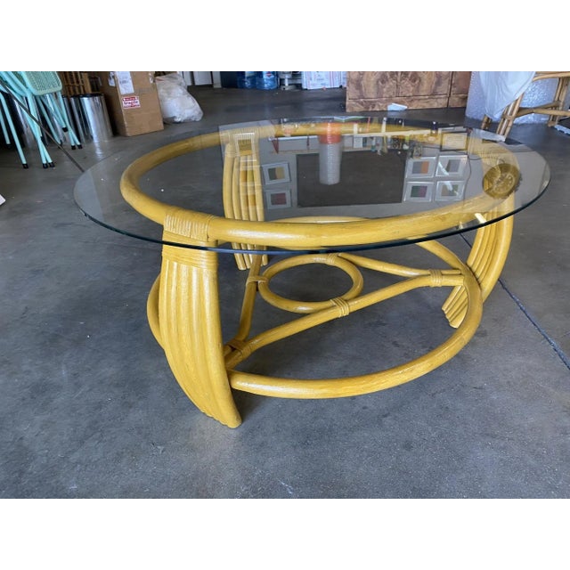 Mid-Century Modern 1940s Restored Vintage Five Strand Rattan Coffee Table With New Glass Top For Sale - Image 3 of 7