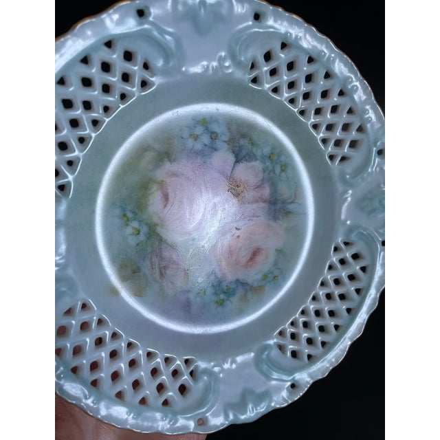 1900 - 1909 Antique Pedestal Openwork Candy Dish With Hand Painted Roses For Sale - Image 5 of 10