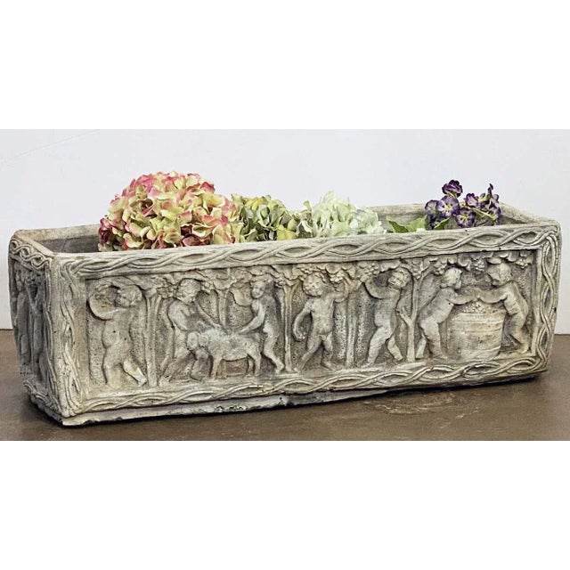 A fine English rectangular garden trough or planter with an ornamental Classical relief of cherubs on all four sides.