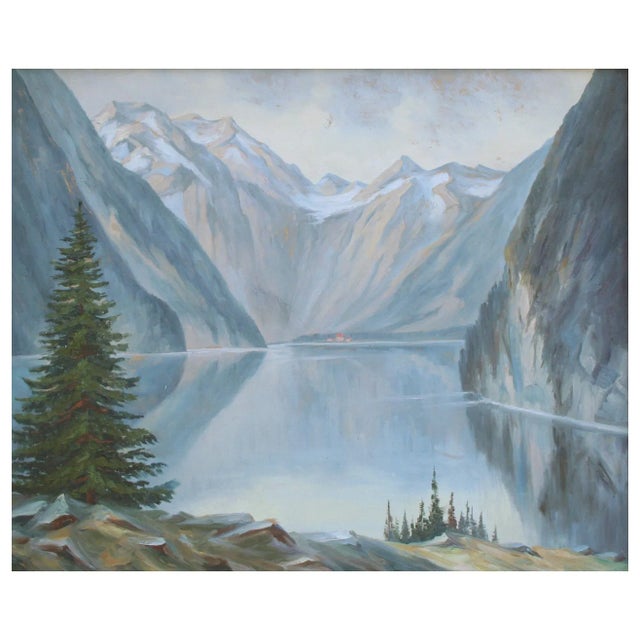 Serene mid-century landscape of mountains reflecting over a fjord in Norway by an unknown artist, Circa 1940's. Unsigned....