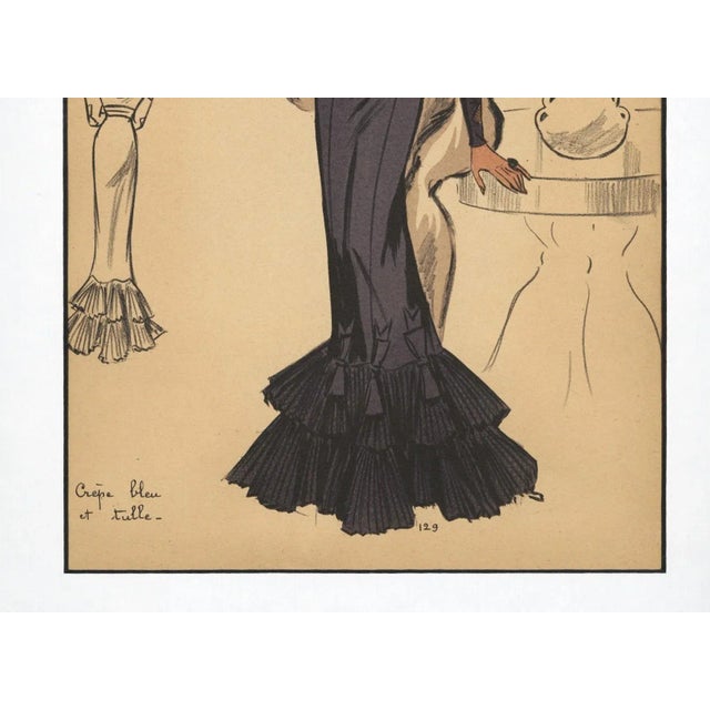Mid-Century Modern 1940s Rare Large Mid-Century French Fashion Design Print, Evening Dress, Matted For Sale - Image 3 of 4