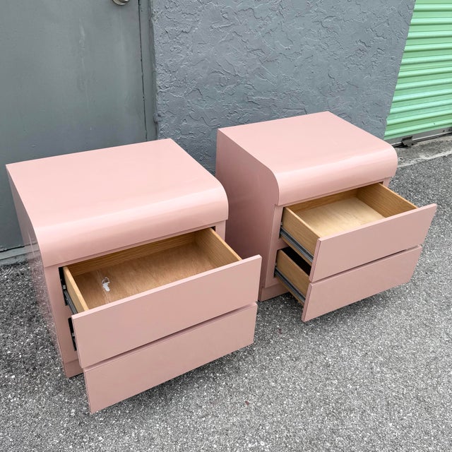Postmodern Postmodern Pink Gloss Laminate Waterfall Nightstands - A Pair For Sale - Image 3 of 8