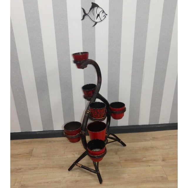 Black Bamboo Flower Stand with Shelf Bamboo Wood & Rattan Flower Stand, 1960s For Sale - Image 8 of 14