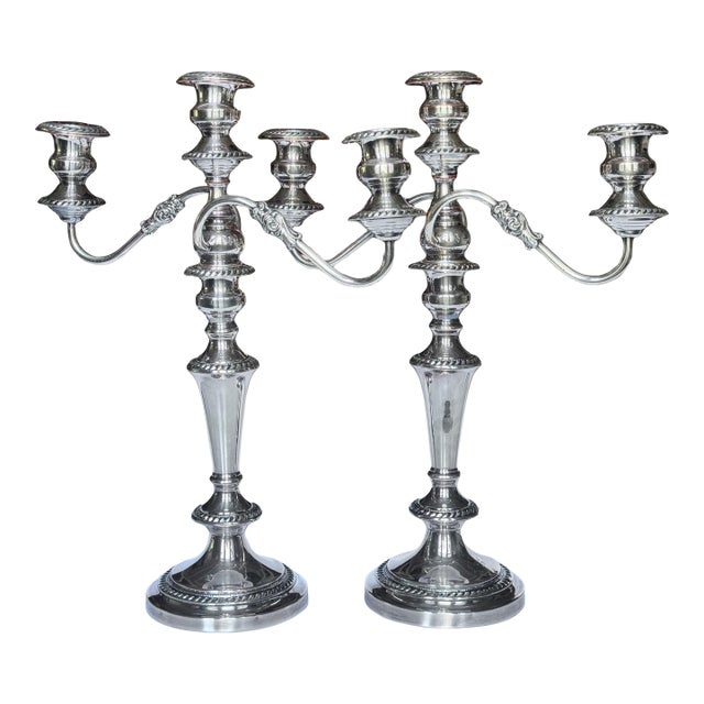 MOS2026Antique Silver Plated Three Arm English Candleabras - A Pair For Sale