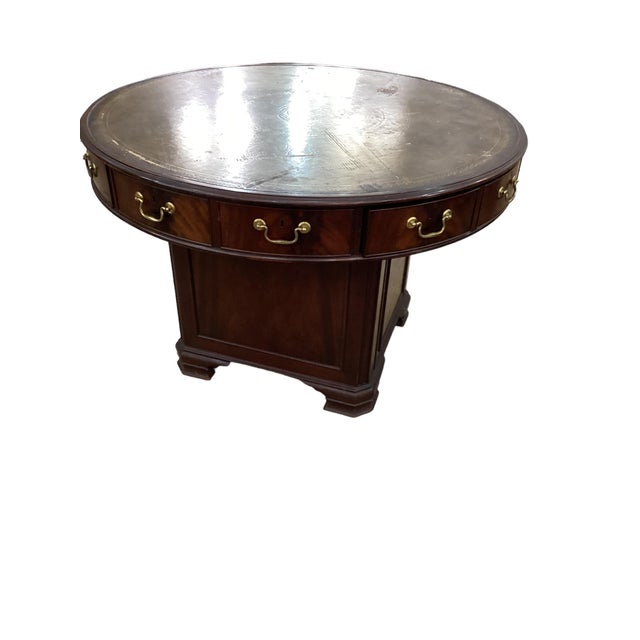 Antique Mahogany Leather Top Rent Drum Table For Sale - Image 4 of 8