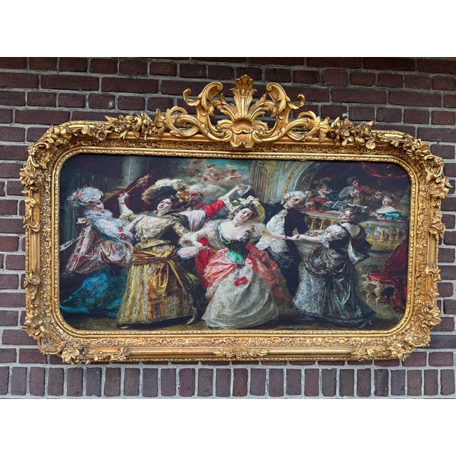 This striking 1960s Italian Rococo Revival framed textile artwork combines sculptural carved beechwood with a richly...