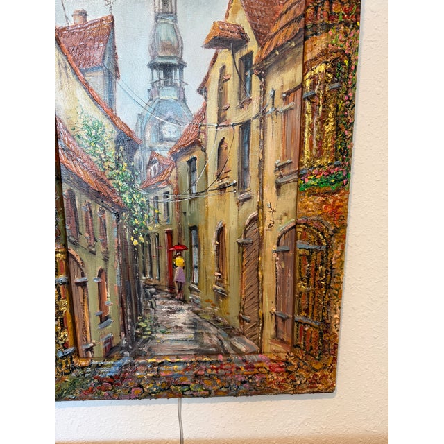 Signed Dated European Cityscape Old Town Oil Painting W Hand Decorated Frame For Sale In Jacksonville, FL - Image 6 of 9
