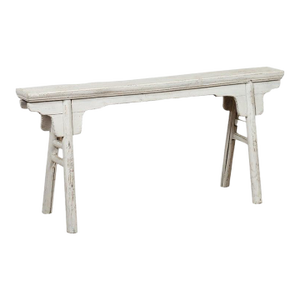 Vintage White Painted Chinese Wooden Ming Style Bench with A-Form Base