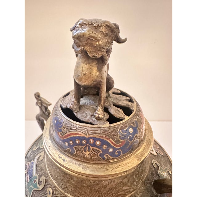 Bronze Early 20th Century Chinese Foo Dog Bronze Cloisonné Censor For Sale - Image 8 of 12