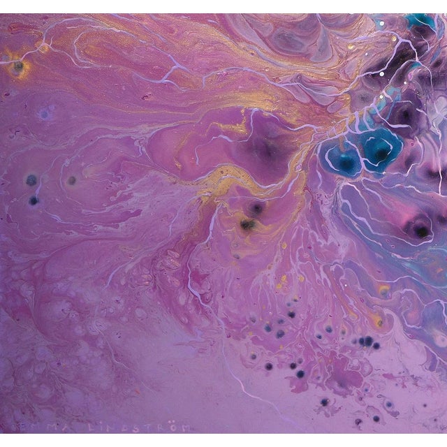 Pink, Blue & Purple Modern Abstract Atomic Cosmic Fluid Art Painting by Swedish Artist. Emma Lindström was born in 1989 in...