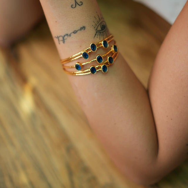 Brass Cleopatra Gold & Sapphire Stone Cuff Chunky Bracelet For Sale - Image 8 of 10