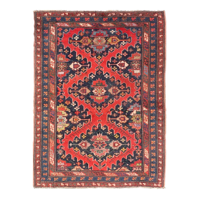 Late 19th Century Antique Caucasian Kazak Rug With Sub-Geometric Medallions Design in Red and Blue For Sale