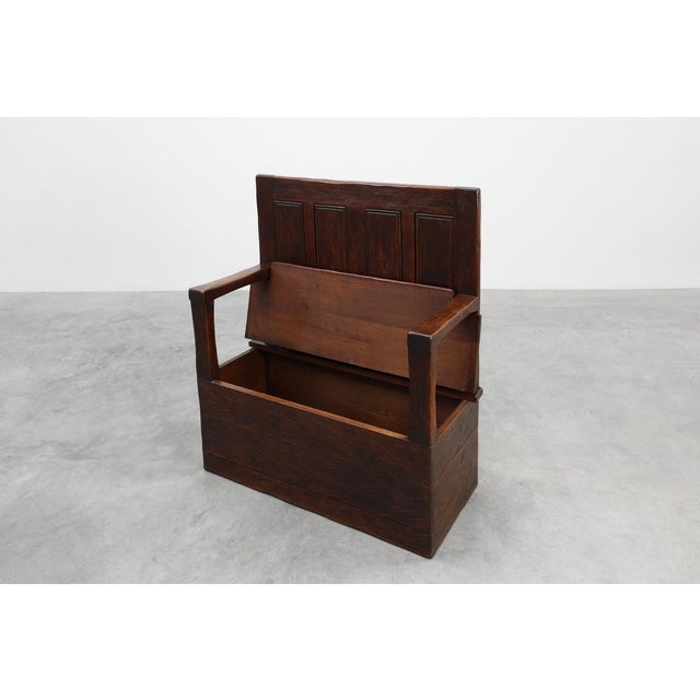 Brown 19th Century Rustic Oak Carved Bench with Storage Compartment, France For Sale - Image 8 of 16