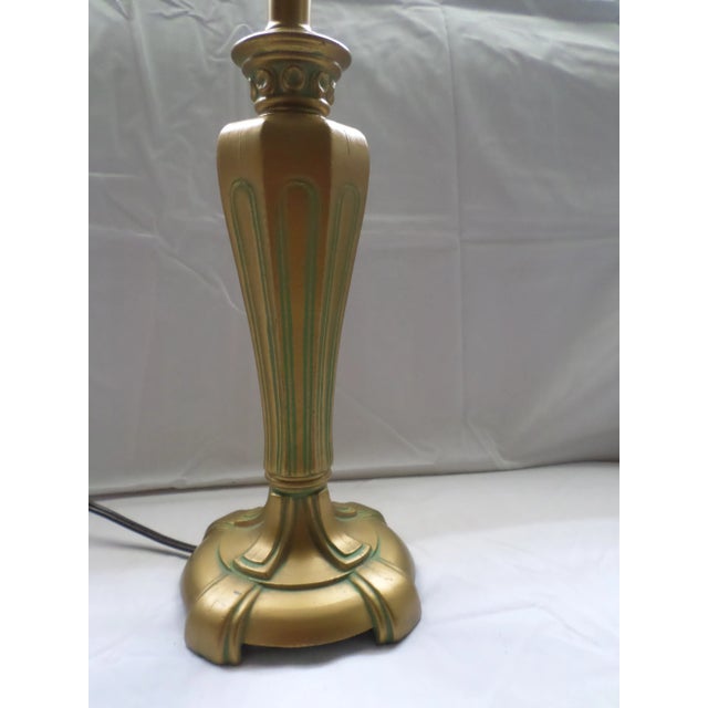Vintage 1930s Art Nouveau Style Gold With Green Accent Metal Table Lamp For Sale - Image 4 of 12