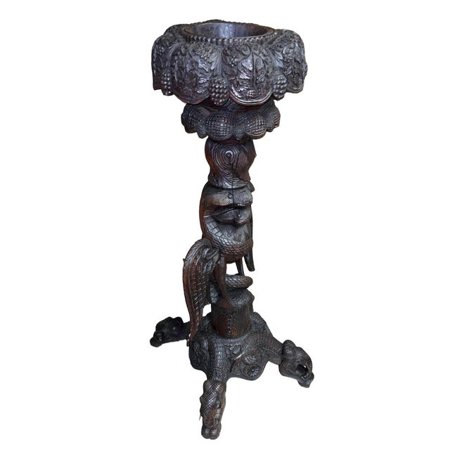 English 19th Century Anglo Indian Carved Bird & Serpent Wooden Blackwood Plant Stand For Sale - Image 3 of 10