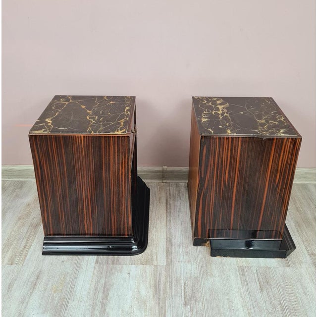 Art Deco Bedside Tables in Makassar Ebony and Portoro Marble, 1930s, Set of 2 For Sale - Image 11 of 14