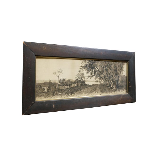Late 19th century panoramic etching by Ernest C. Rost. Landscape of a country road leading up to a large body of water...