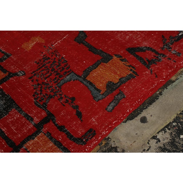 1960s 1960s Vintage Mid-Century Modern Rug in Red and Black, Distressed Deco Pattern For Sale - Image 5 of 8
