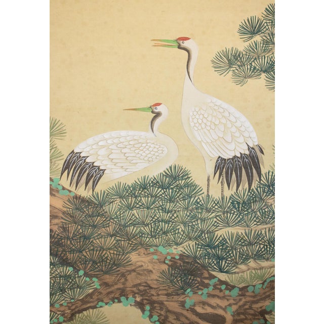 "Cranes and the Big Pine Tree", Showa Era Japanese Silk Scroll Painting For Sale - Image 4 of 17