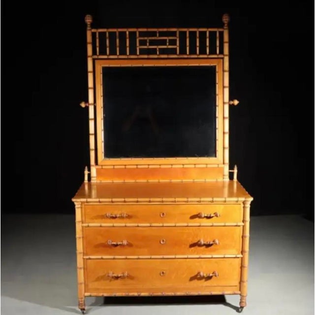 Brown Aesthetic Faux Bamboo Mirrored Birds-Eye Maple Chest, Attributed to R J Horner For Sale - Image 8 of 8
