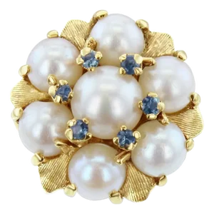 Vintage Freshwater Pearl Cluster Ring with Blue Topaz Accents, Size 5