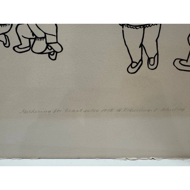 Paper Hannah Kigusiuq Inuit Cape Dorset Stencil Print Gathering for Feast 1978 Signed For Sale - Image 7 of 10