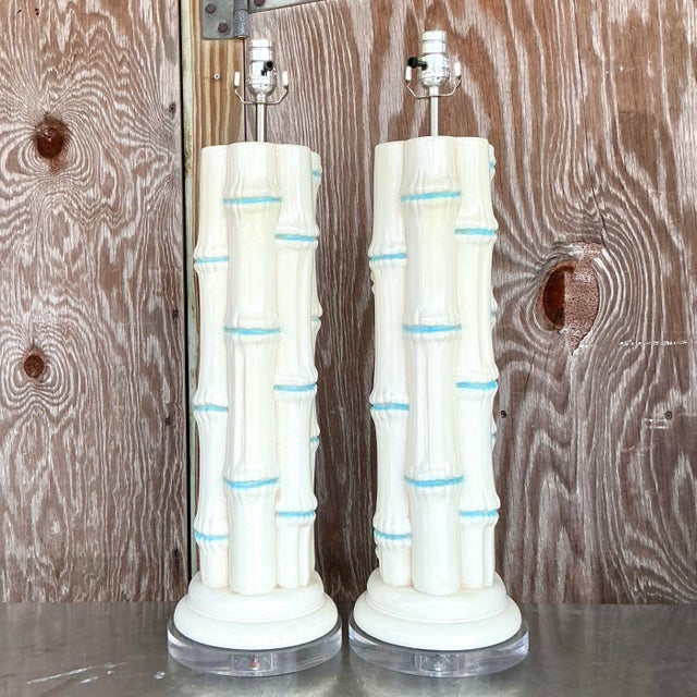 Mid 20th Century Vintage Coastal Glazed Ceramic Bamboo Lamps - a Pair For Sale - Image 5 of 7