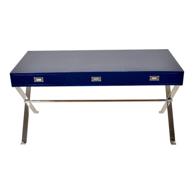 Modern Campaign-Style Desk, Lacquered in Navy Blue For Sale