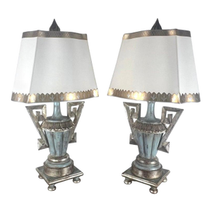 Pair of Painted & Parcel Gilt Urn Lamps W/ Parchment Shades