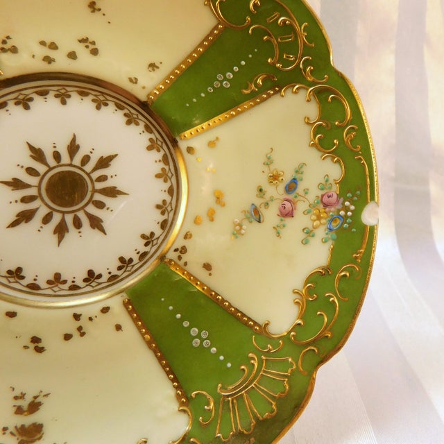 1930s Dresden Covered Two Handle Dessert Cup and Underplate With Raised Gold Trim For Sale In San Francisco - Image 6 of 18