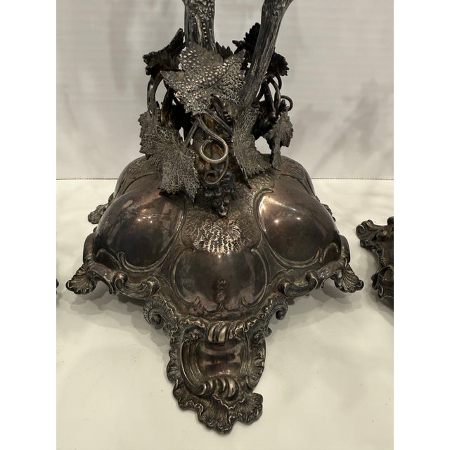 Thomas Bradbury & Sons Antique Victorian Rococo Revival 3-Piece Candelabra Set - Ornate Grape Vine & Leaf Motif Centerpiece, Late 19th Century For Sale In Houston - Image 6 of 6