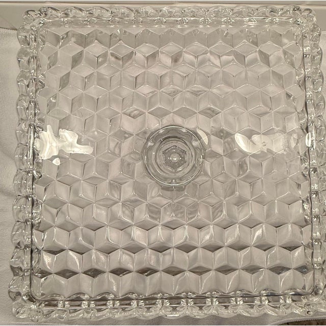 Vintage Fostoria American Clear Cubist Glass Square Pedestal Cake Stand With Rum Well For Sale - Image 10 of 10