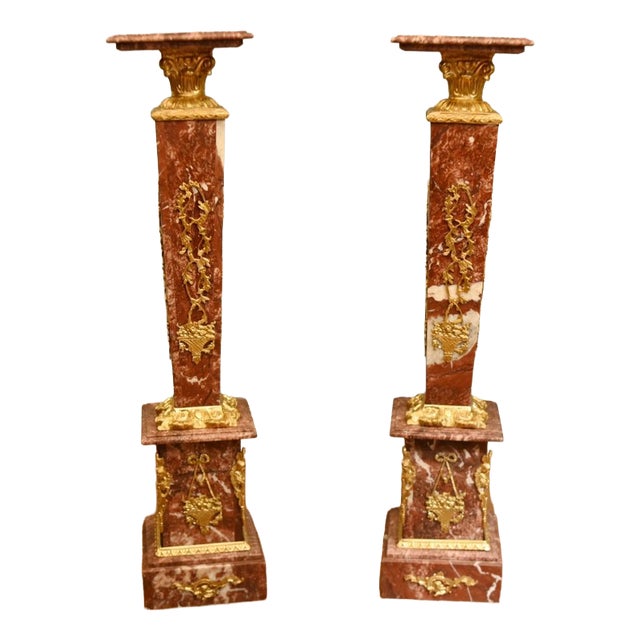 Louis XVI Revival French Pedestal Stands Marble, Set of 2 For Sale