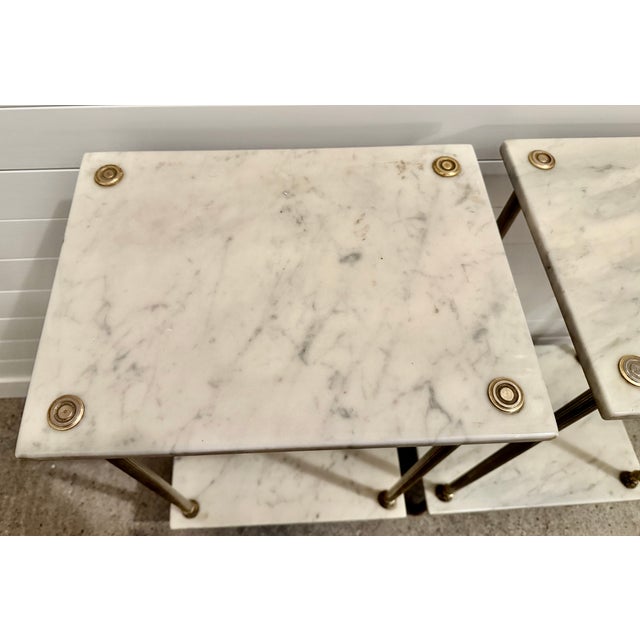 For your bathroom or plant conservatory, a wonderful pair of antique two tier marble and metal tables with nice patina....