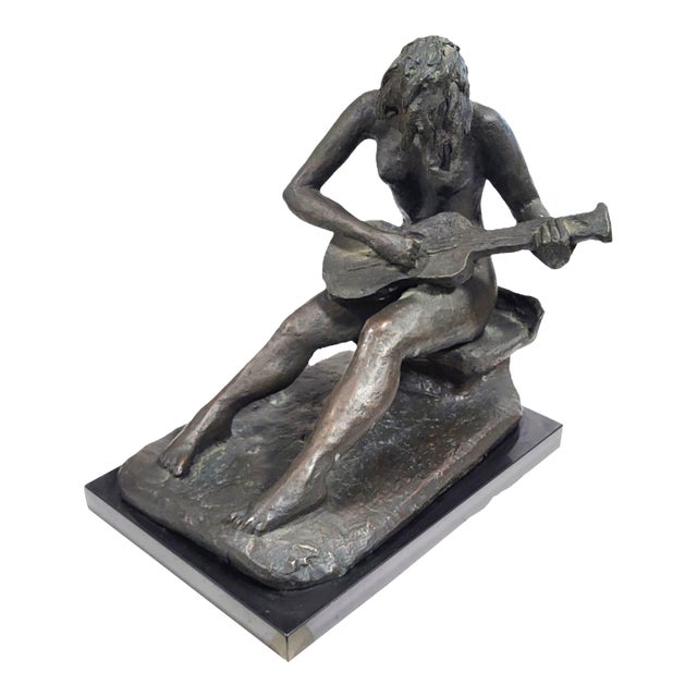 Vintage American Mid-Century Modern Bronze Sculpture Girl Playing Guitar by Weiner For Sale