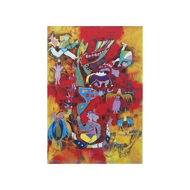 This vibrant artwork is a dynamic fusion of abstract forms and vivid colors. Dominated by a bold red backdrop with...