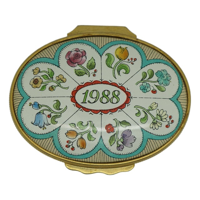1988 Halcyon Days Enamels England Bilston & Battersea Keepsake Trinket Box 2" For Sale