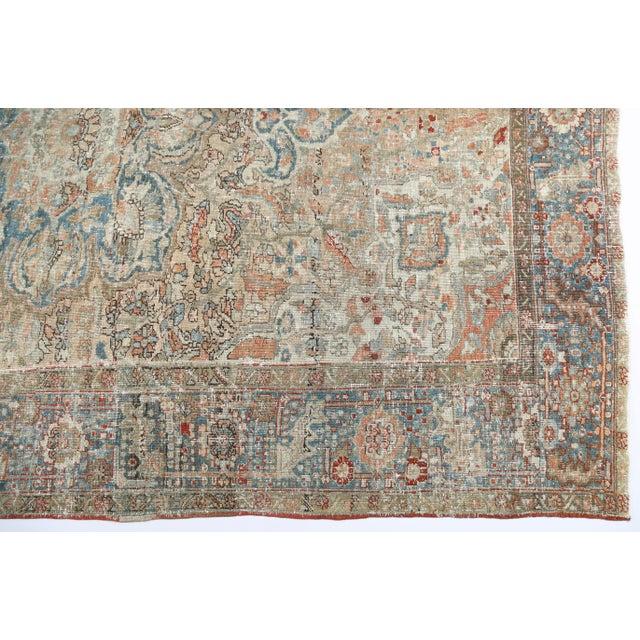 Mid-Century Modern Antique Distressed Heriz Rug – Handwoven Wool on Cotton, Faded Blue & Terracotta Medallion Carpet -7' 11'' X 11' 2'' For Sale - Image 3 of 11