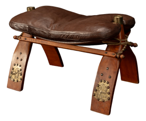 Vintage Egyptian Camel Stool in Leather and Brass, 1950s